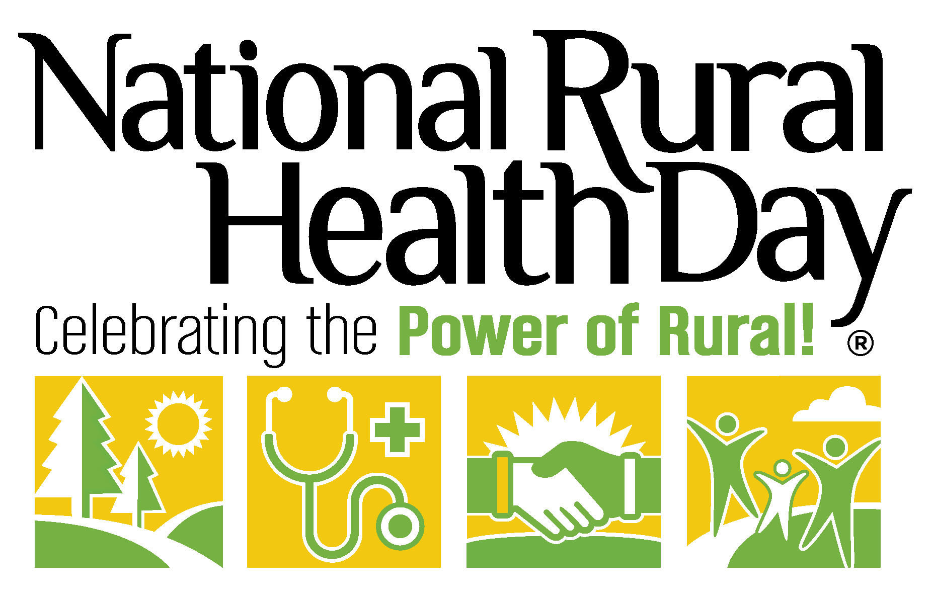 National Rural Health Day with images of trees, a stethoscope, shaking hands and excited, jumping figures.